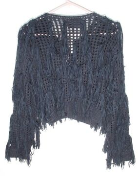Anthropologie Maeve Cropped Fringe Kimono Cardigan Sweater Navy - One Size
